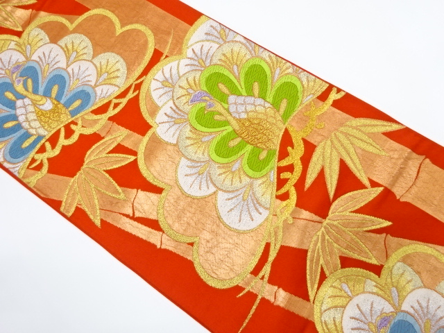 アンティーク　笠松に孔雀・竹笹模様織り出し袋帯（着用可）